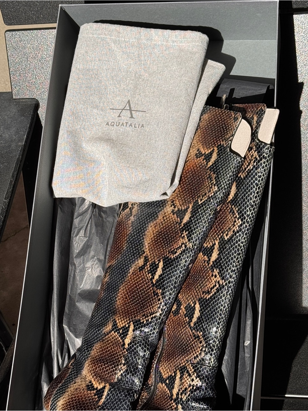 Aquatalia Maci Brown & Black Snakeskin Knee Boots Women EUC Size 10.5